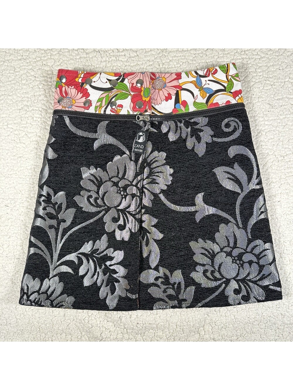 ZAND Amsterdam Reversible Wrap Skirt Black Silver Brocade Floral Boho Hippie